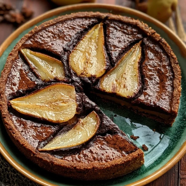 Tarte frangipane au chocolat et poires vegan, un dessert savoureux et élégant.