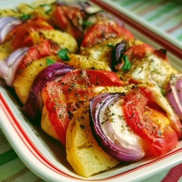 Tian de pommes de terre, tomates et oignons rouges à la mozzarella, un plat savoureux.