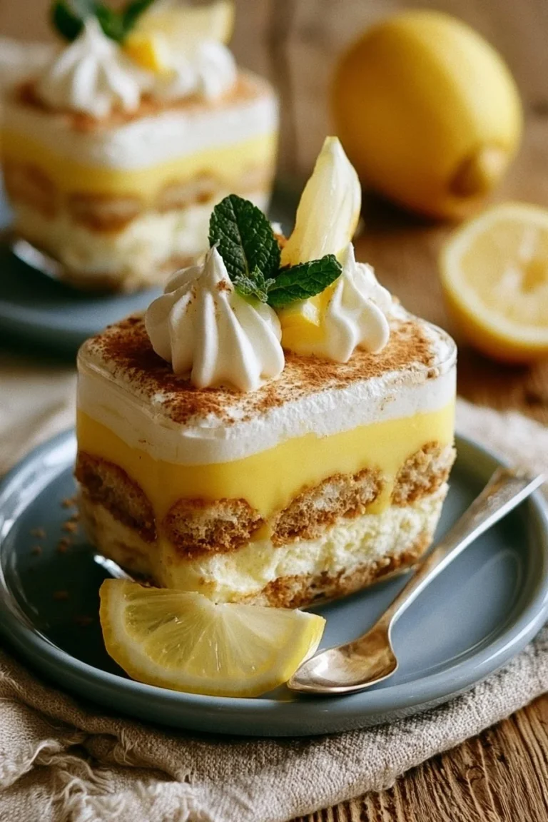 Tiramisu au Citron, un dessert léger et rafraîchissant à base de mascarpone et citron.