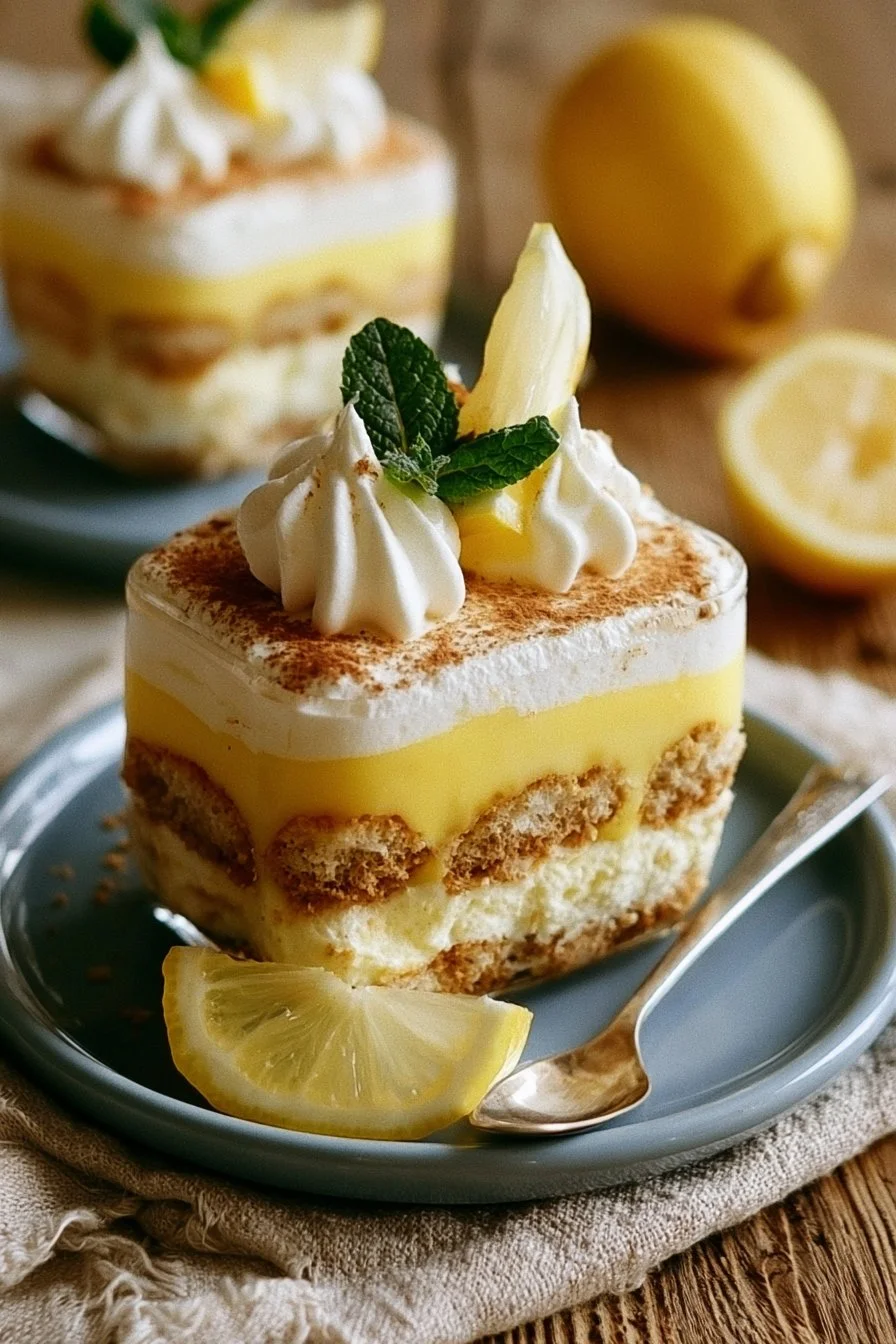 Tiramisu au Citron, un dessert léger et rafraîchissant à base de mascarpone et citron.