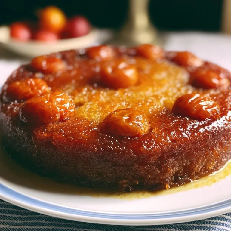 Gâteau renversé aux mirabelles caramélisées sur une assiette