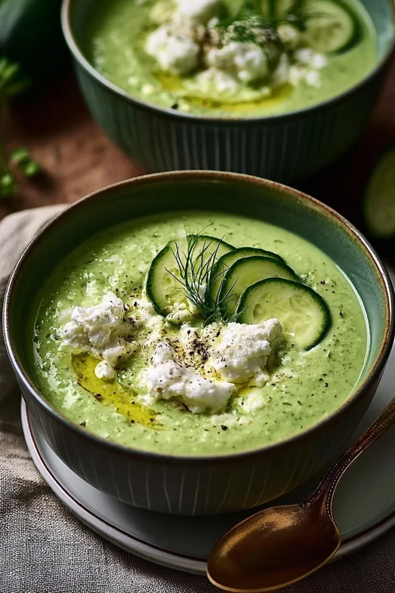 Velouté froid de courgette au chèvre frais présenté dans un bol.