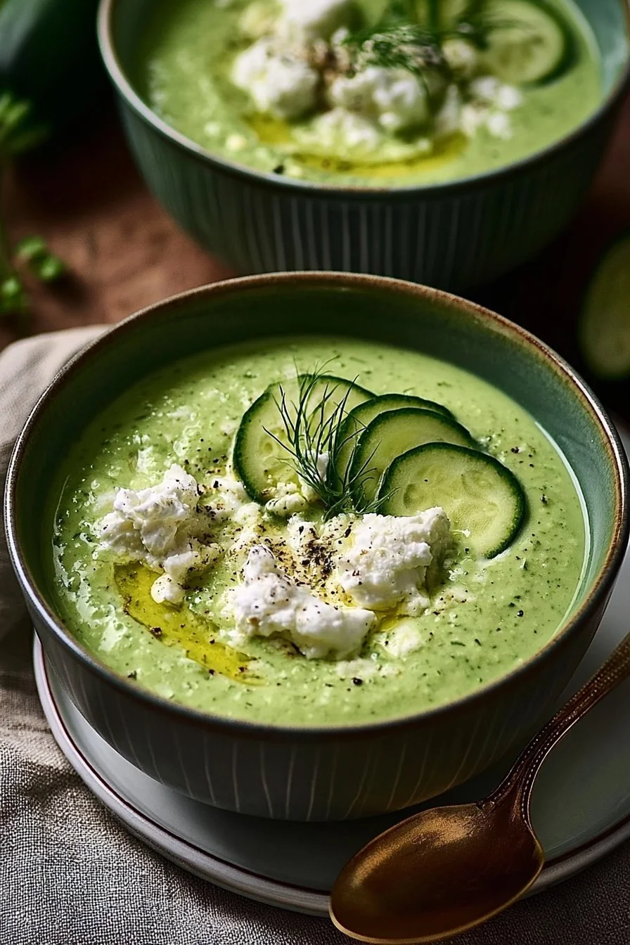 Velouté froid de courgette au chèvre frais présenté dans un bol.