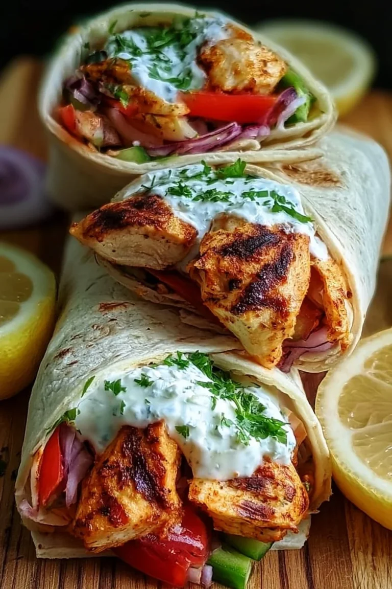 Wraps au poulet grec garnis de légumes frais et sauce tzatziki