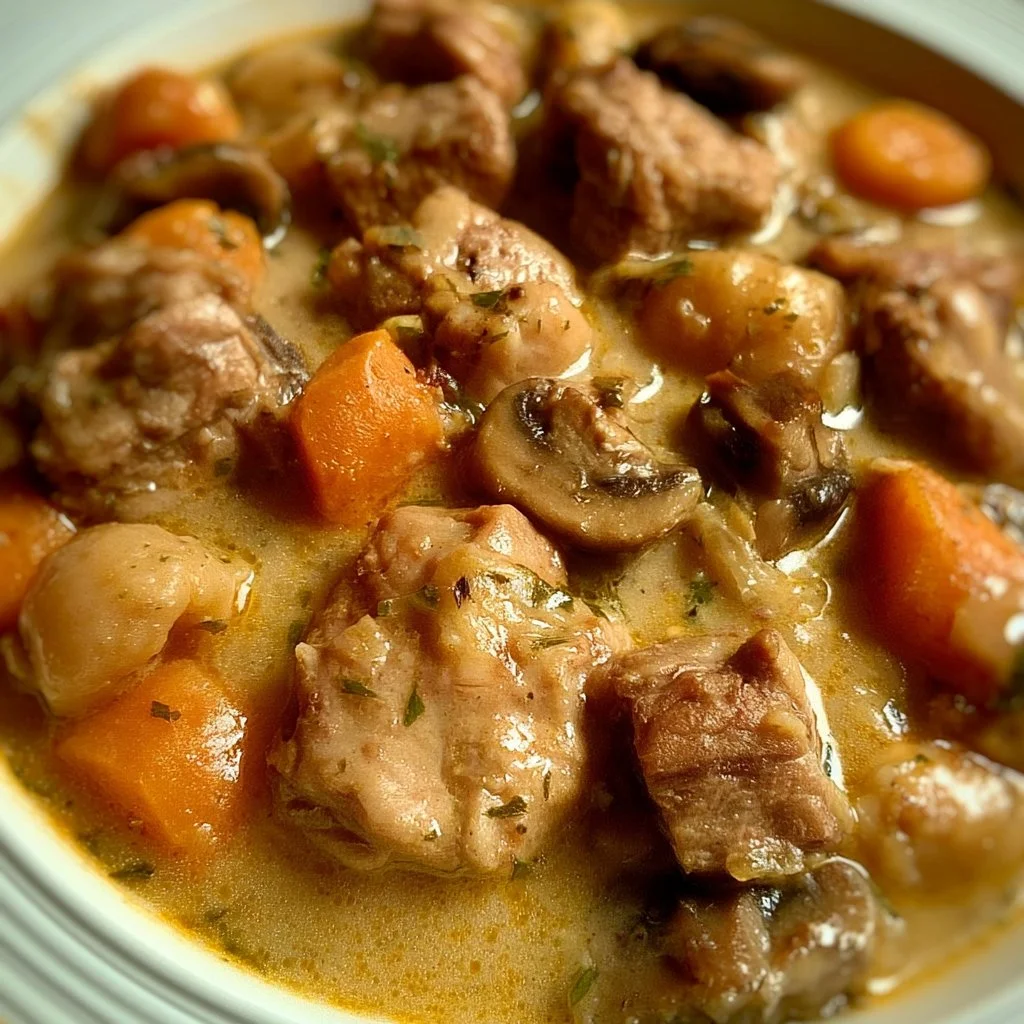Plat de Blanquette de Veau à l'Ancienne servi dans une assiette avec des légumes