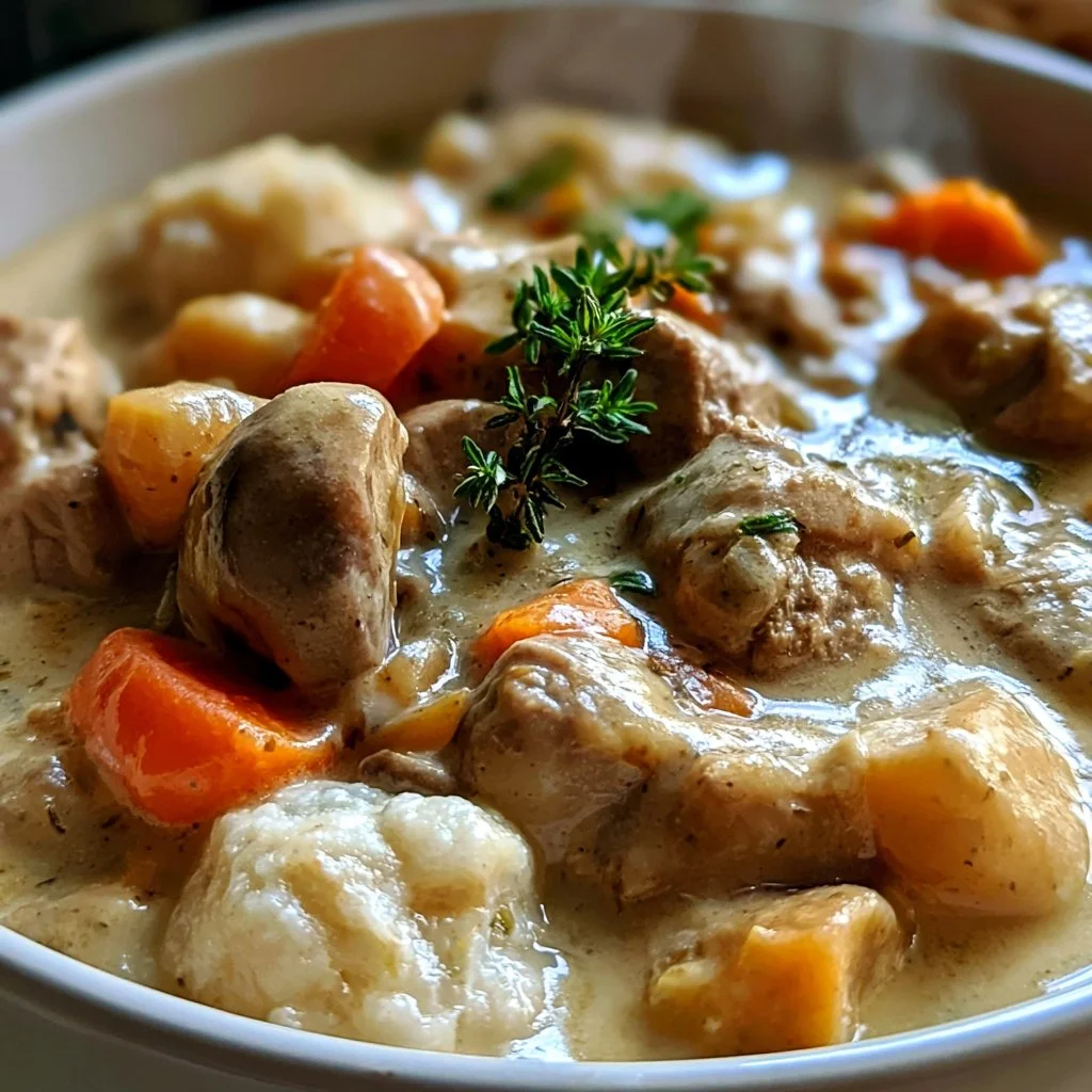 Blanquette de veau crémeuse servie dans une assiette, garnie d'herbes fraîches.