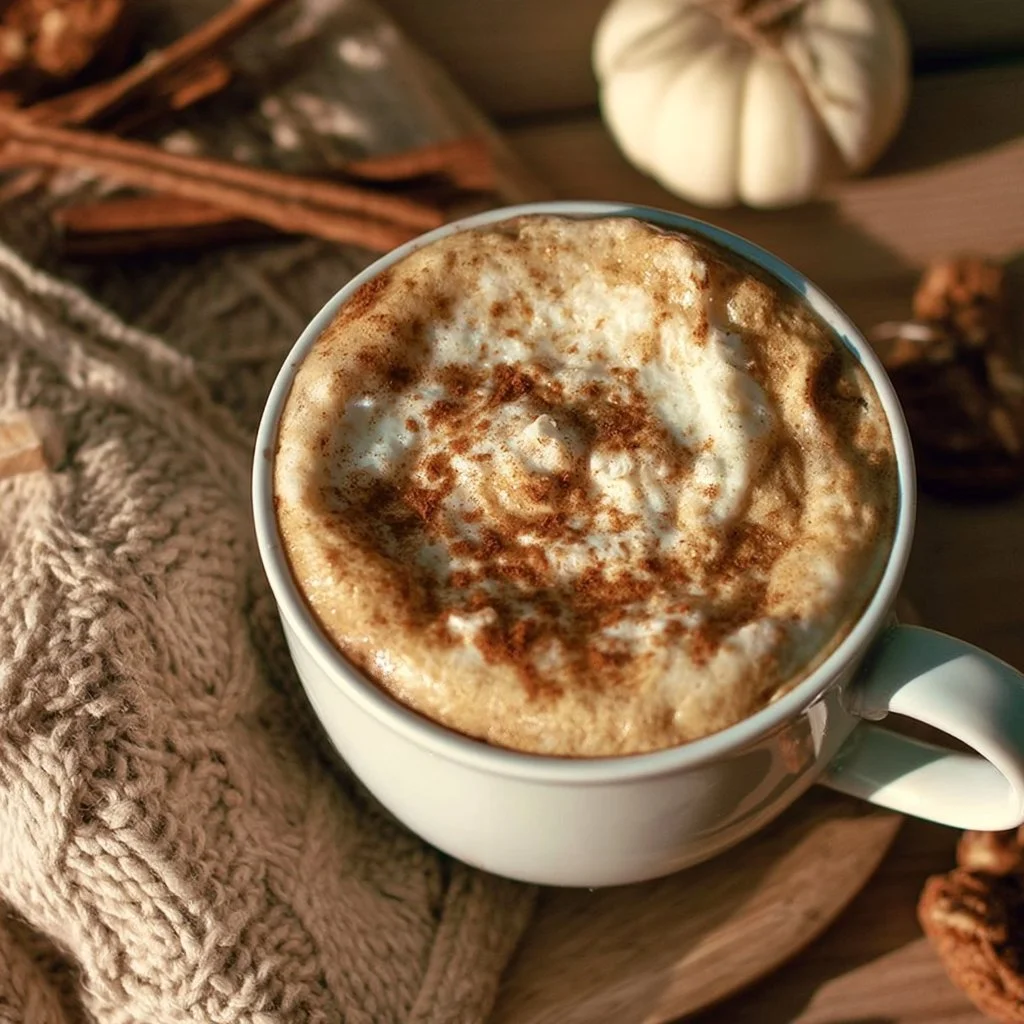 Café Latte aux Épices de Citrouille servi dans une tasse avec une décoration de cannelle