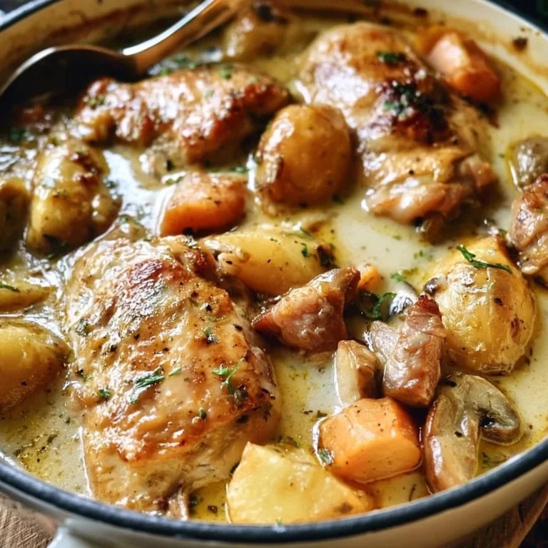 Casserole de Poulet à la Française préparée avec des ingrédients frais et savoureux.