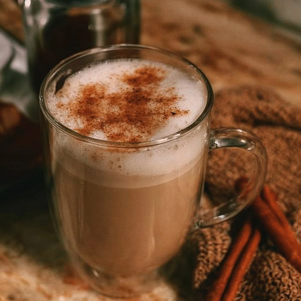 Tasse de Chai Latte à la Citrouille et Épices sur une table en bois