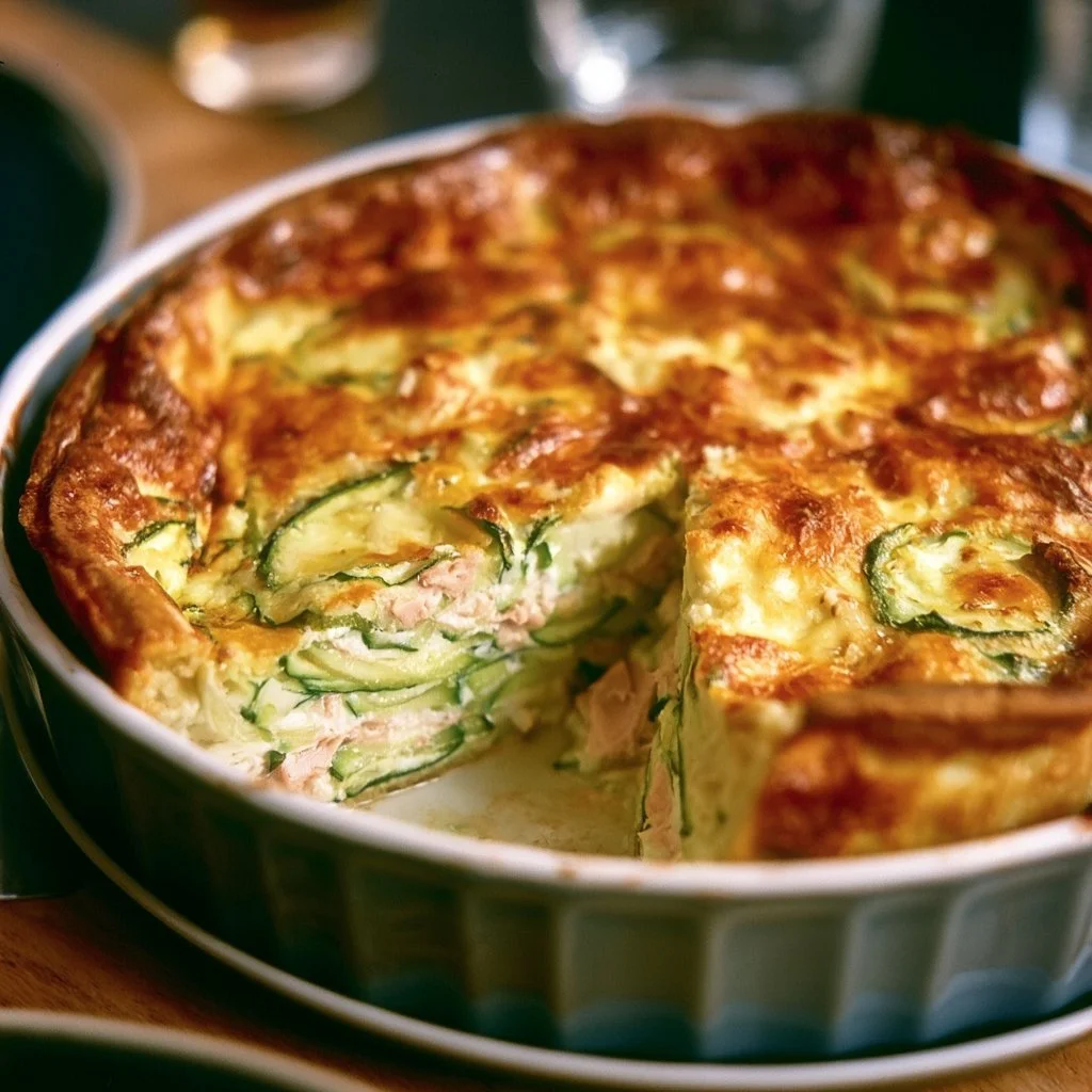 Clafoutis de courgettes avec thon et fromage frais, plat savoureux et original