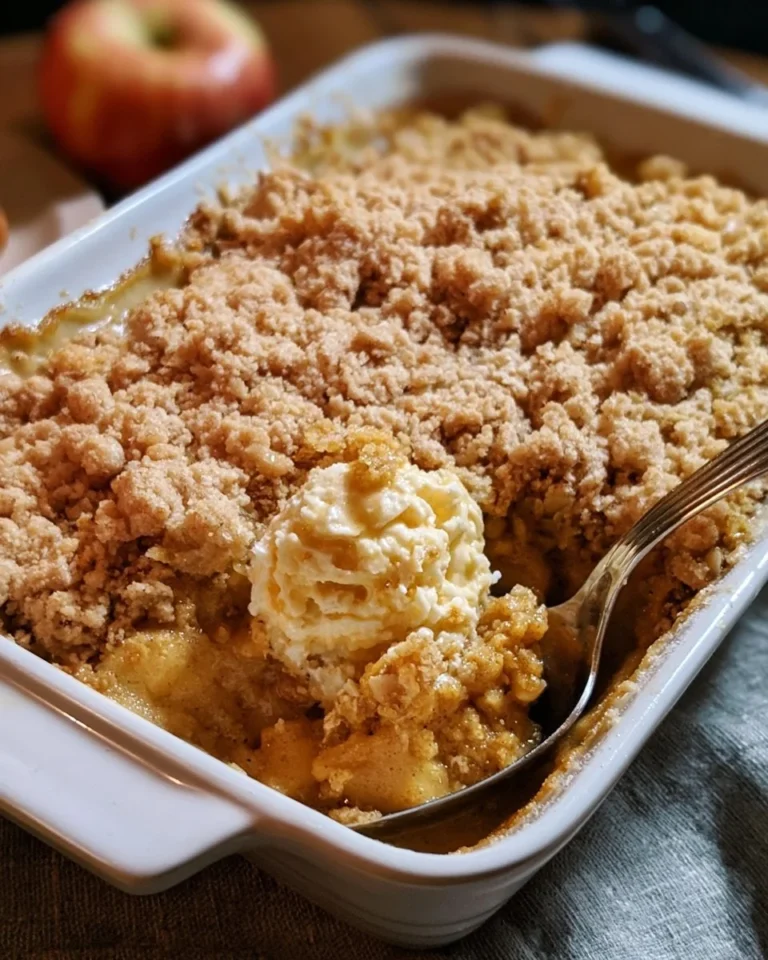 Crumble aux pommes doré servi dans un plat en céramique