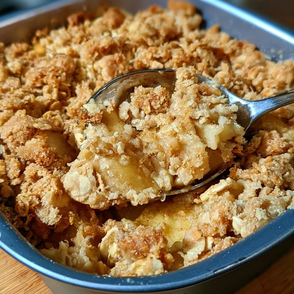 Crumble aux pommes fraîchement préparé avec une croûte croustillante et des pommes juteuses.