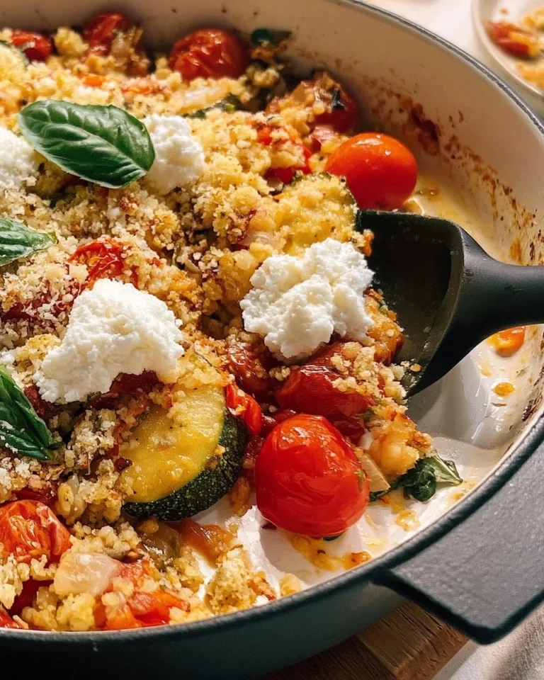 Crumble salé au parmesan, tomates et courgettes, un plat savoureux et croustillant.