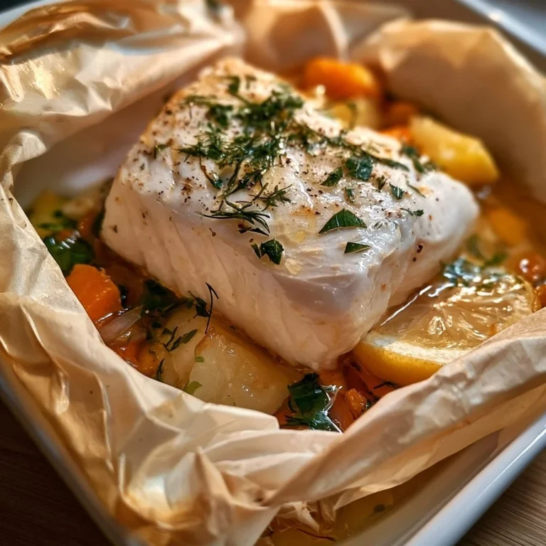 Filet de cabillaud en papillote avec légumes frais dans une assiette