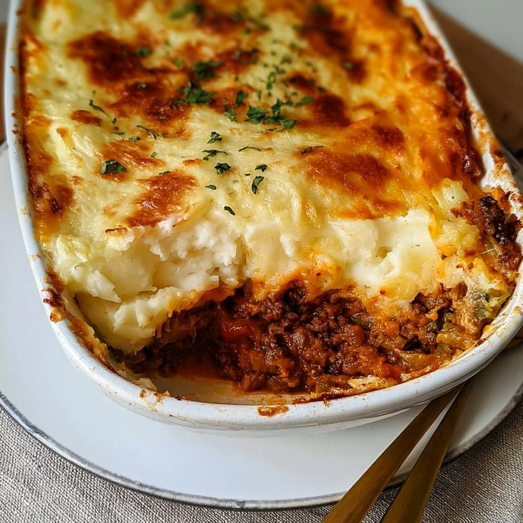 Assiette de Hachis Parmentier, un plat savoureux avec viande hachée et purée.