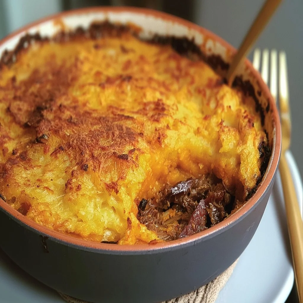 Hachis Parmentier au Confit de Canard sur une assiette, décoration de persil.