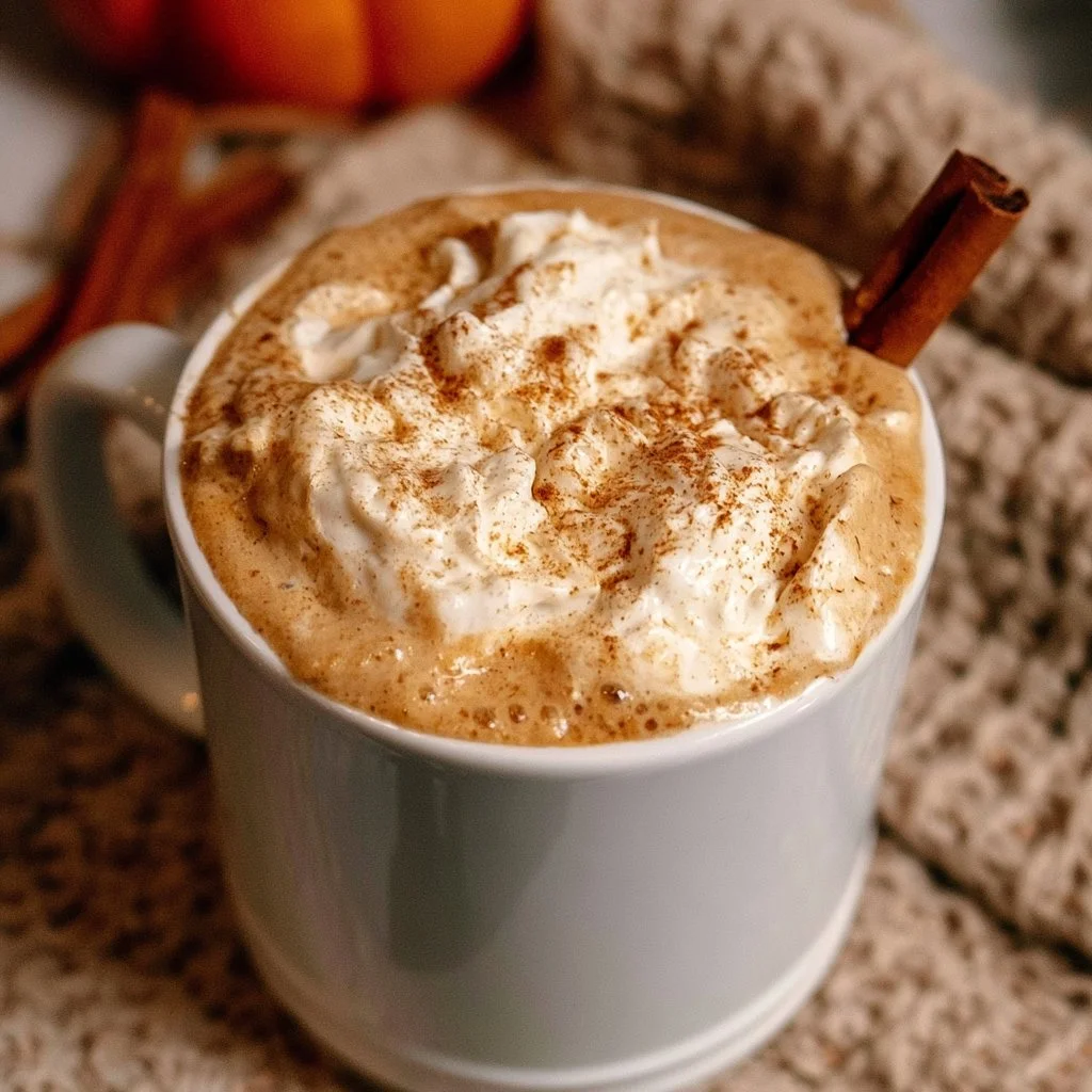 Latté à la citrouille épicé fait maison dans une tasse avec une décoration de cannelle