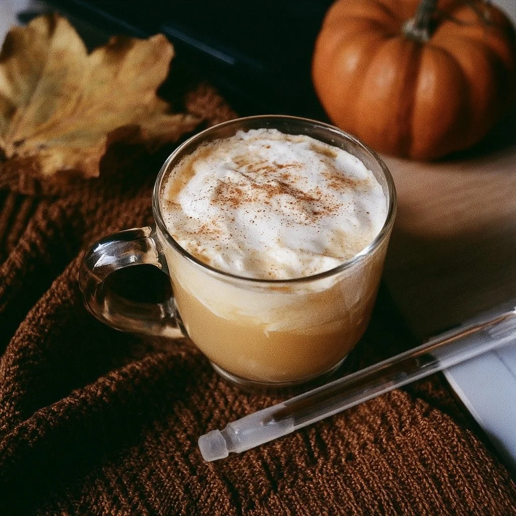 Latte au potiron épicé servi dans une tasse avec de la crème fouettée