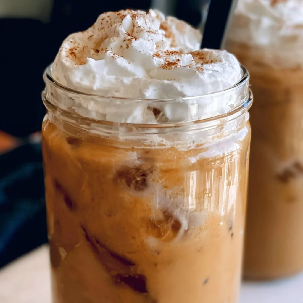 Latte glacé épicé à la citrouille fait maison dans une tasse