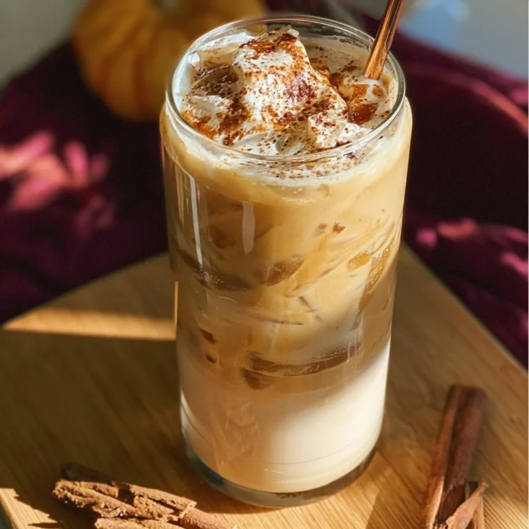 Latté glacé à la citrouille épicée dans un verre décoratif.