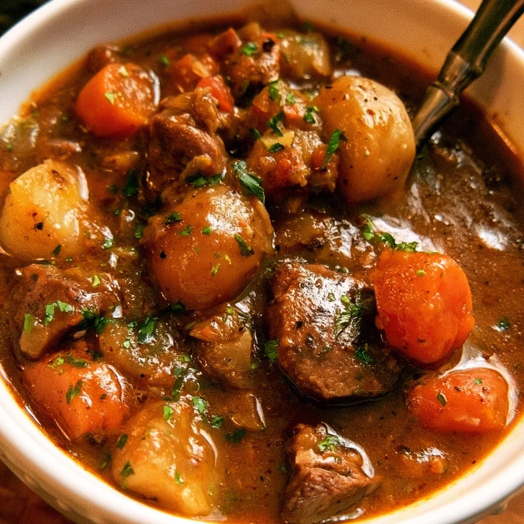 Bol de ragoût de bœuf chaud accompagné de légumes et herbes