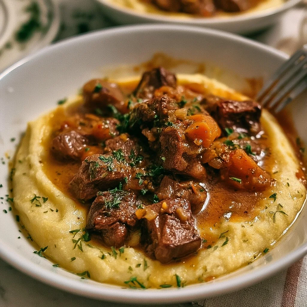 Ragoût de Chèvre avec Polenta, plat traditionnel savoureux et réconfortant.