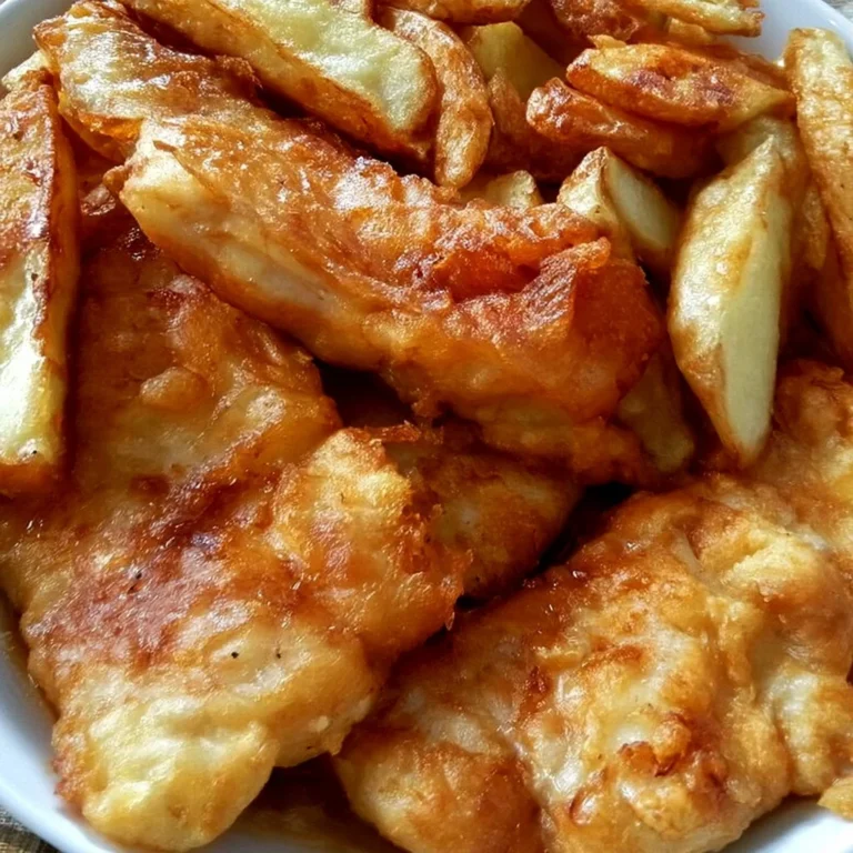 Plat traditionnel anglais de fish and chips avec poisson frit et frites dorées.