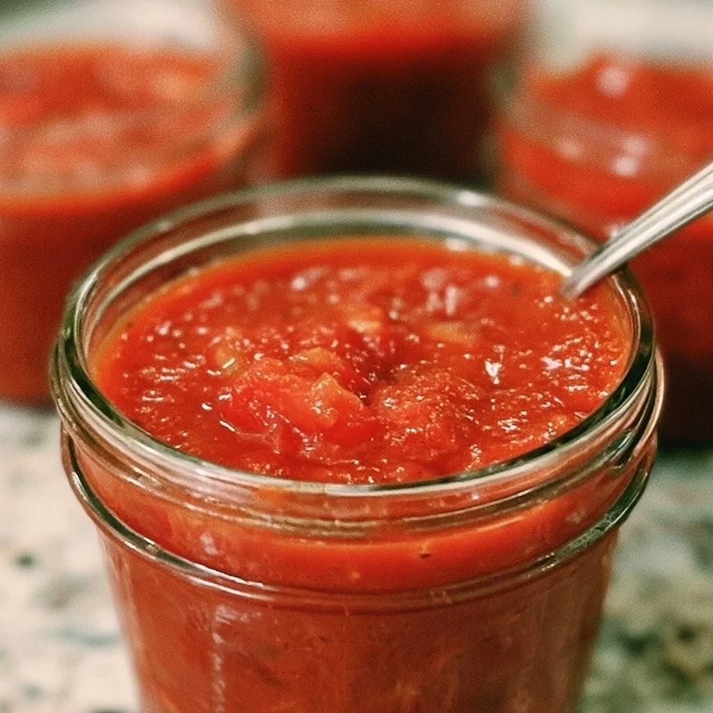 Bocal de sauce à pizza maison en verre sur une table en bois