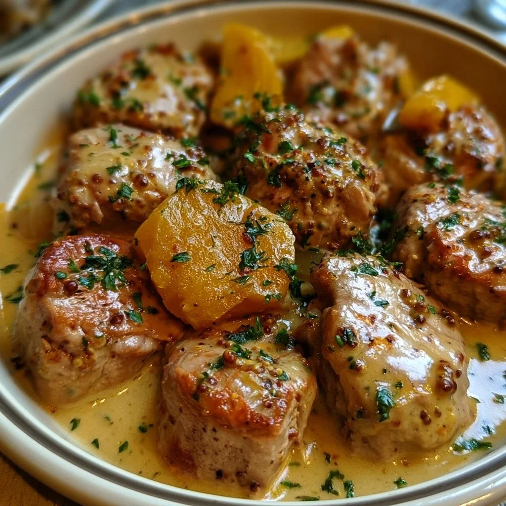 Sauté de porc à la crème de moutarde servi avec des légumes