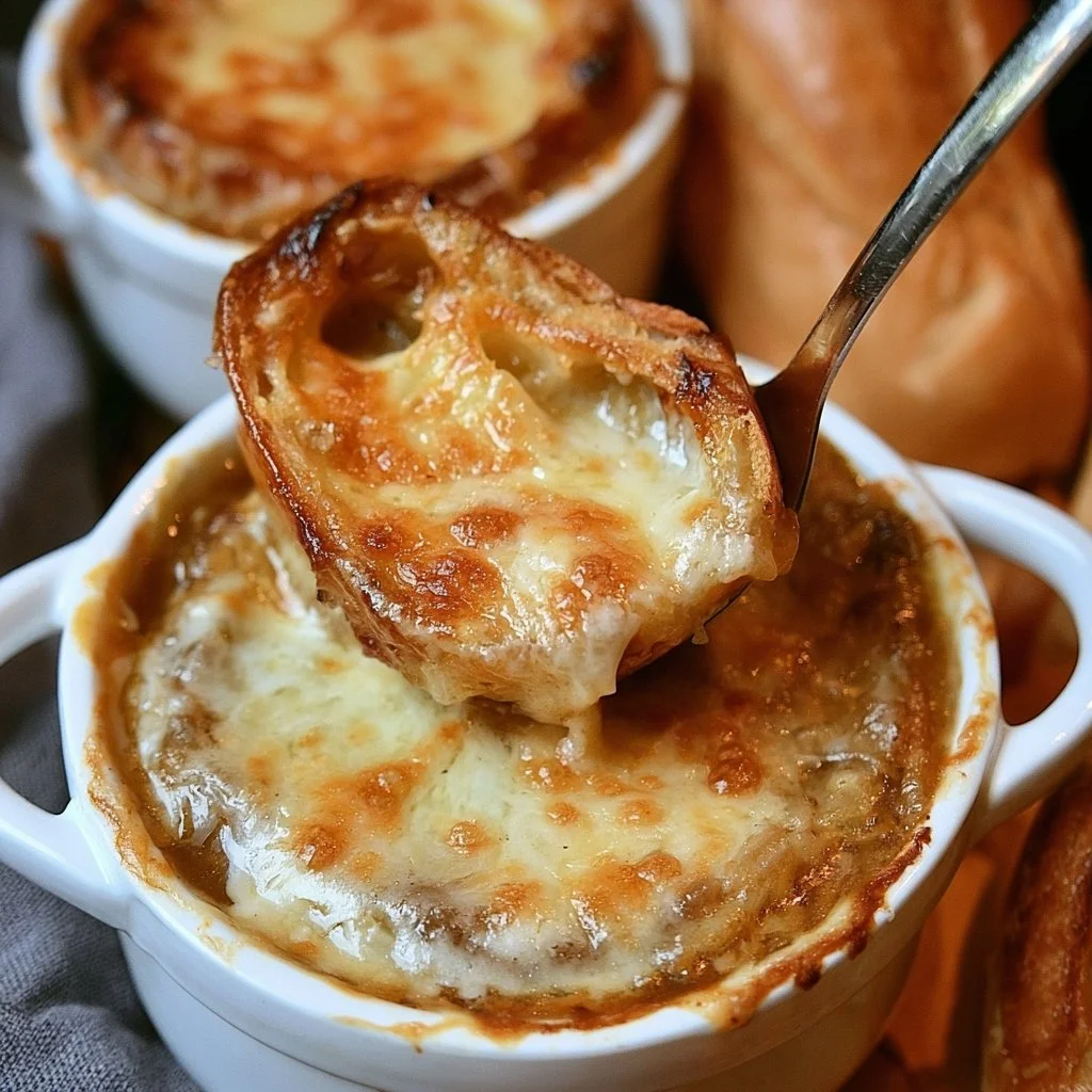 Soupe à l'oignon française servie dans un bol en céramique