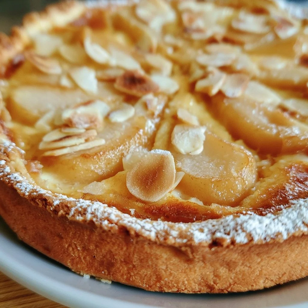 Tarte à la crème de fromage à la poire et aux amandes, un dessert gourmet