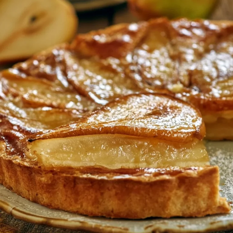Tarte aux poires maison avec une croûte dorée et des poires juteuses