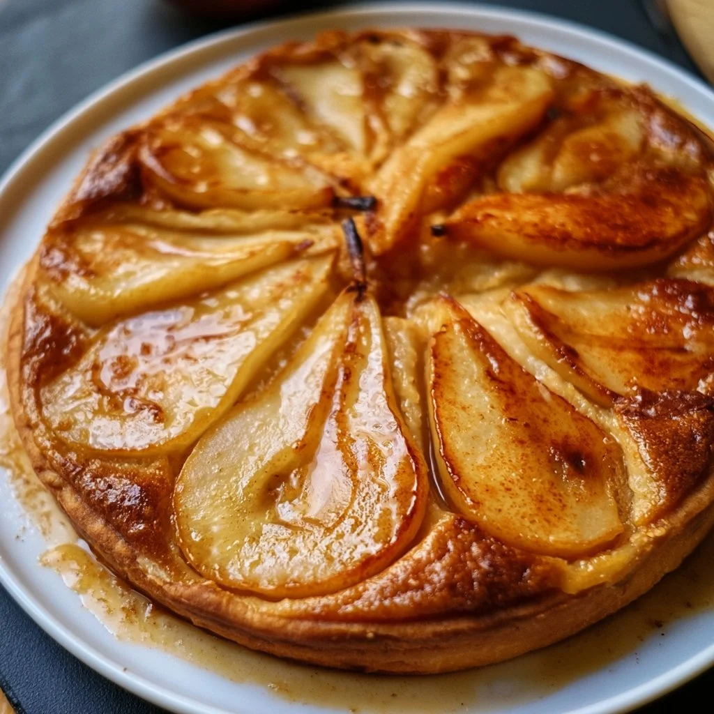 Tarte fine aux poires fraîchement préparée sur une assiette