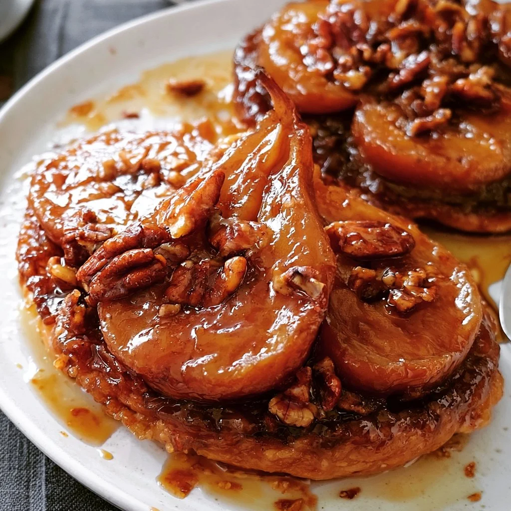 Tarte Tatin aux poires, érable et pacanes présentée sur un plateau.