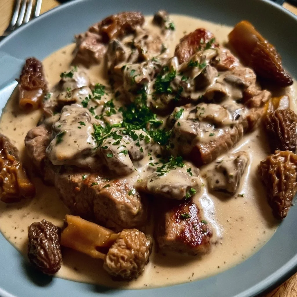 Plat de Veau aux Morilles décocté avec des champignons en sauce crémeuse