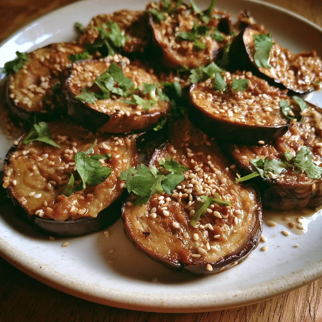 Aubergines rôties au miso et au sésame, garnies de sésame grillé.