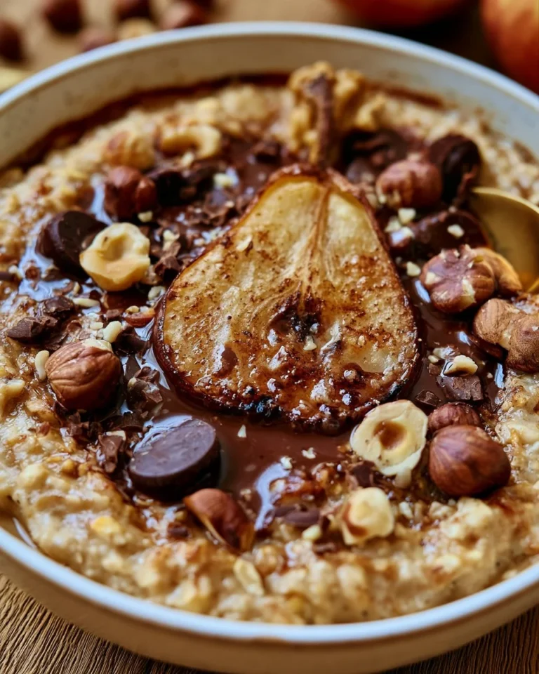 Avoine cuite avec poire, chocolat et noisettes dans un bol