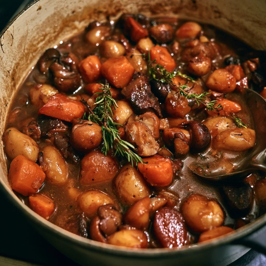 Bourguignon végétarien aux champignons, plat savoureux et réconfortant.