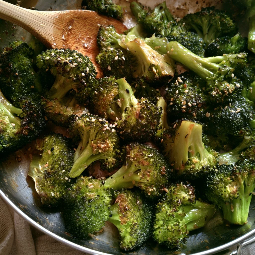 Brocoli rôti au sésame et à la sauce soja dans un plat