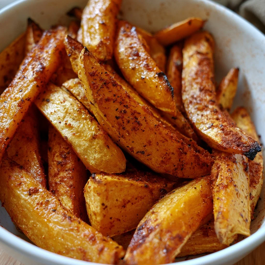 Frites de butternut cuites au four avec paprika sur une assiette.