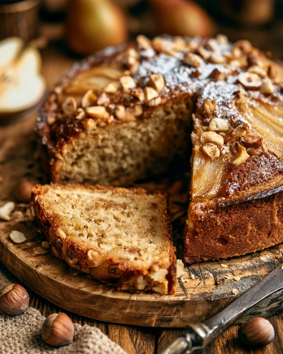 Recette de cake aux poires et noisettes, un dessert moelleux et savoureux.