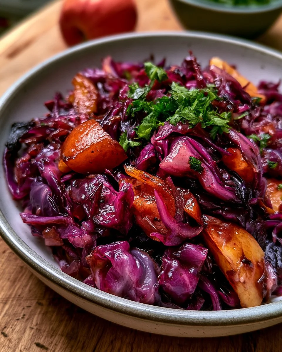 Chou rouge braisé aux pommes et balsamique, un plat coloré et savoureux.