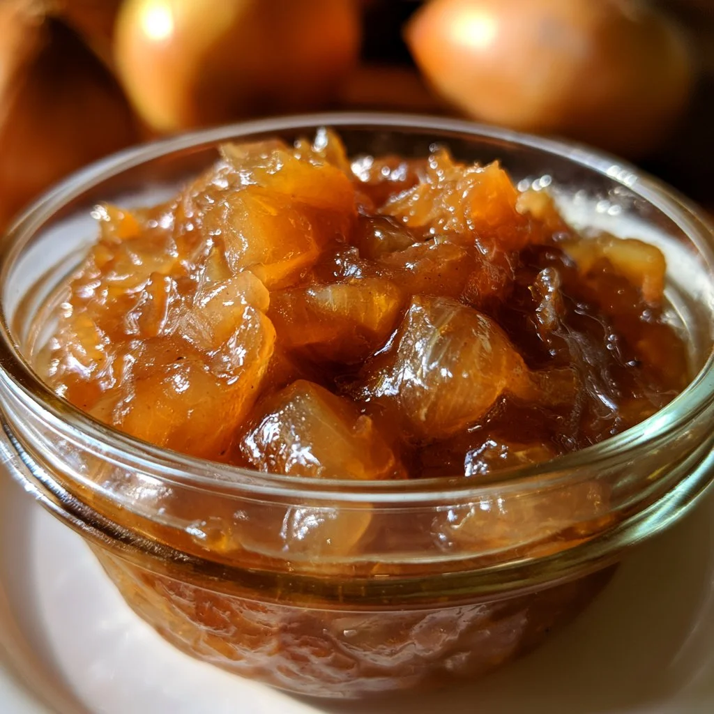 Chutney de pommes aux oignons rouges dans un pot en verre