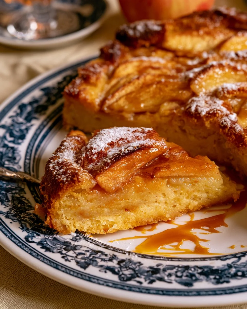 Clafoutis aux pommes accompagné de caramel au beurre salé sur une assiette décorative.