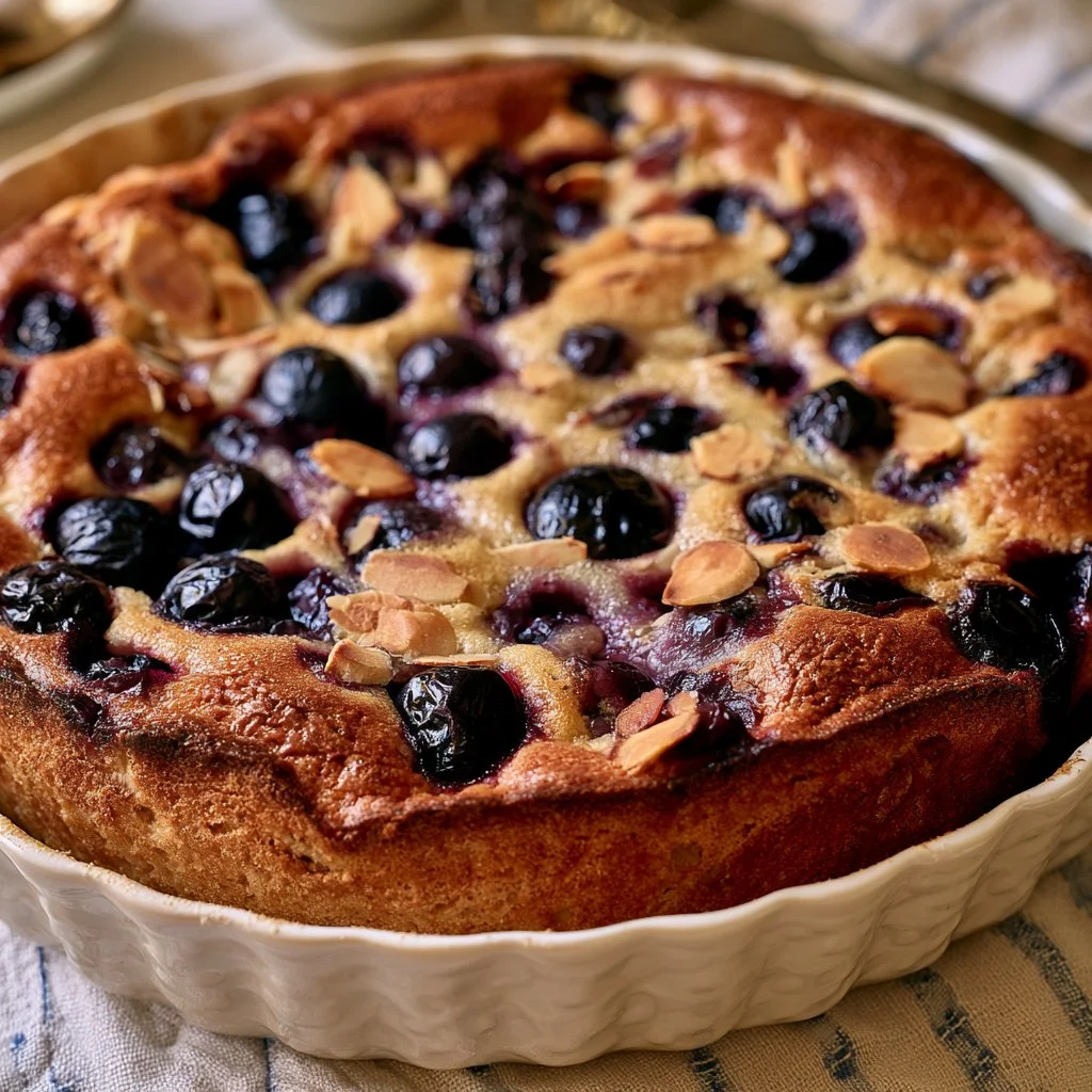 Clafoutis aux raisins noirs et amandes, un dessert savoureux et gourmand.