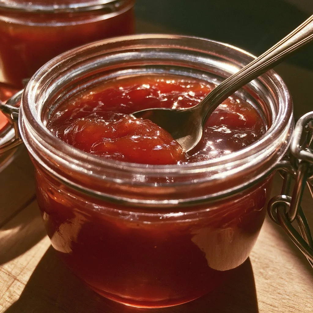 Confiture de prunes à la vanille dans un pot en verre
