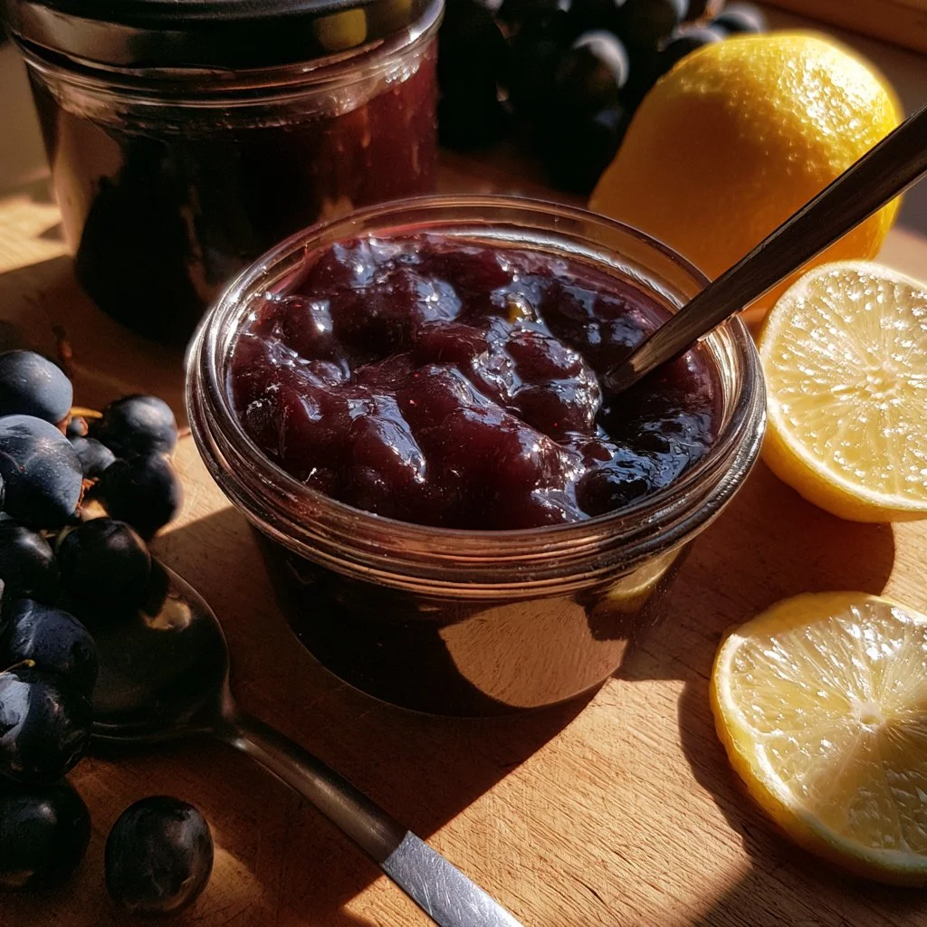 Confiture de raisin noir au citron dans un pot en verre