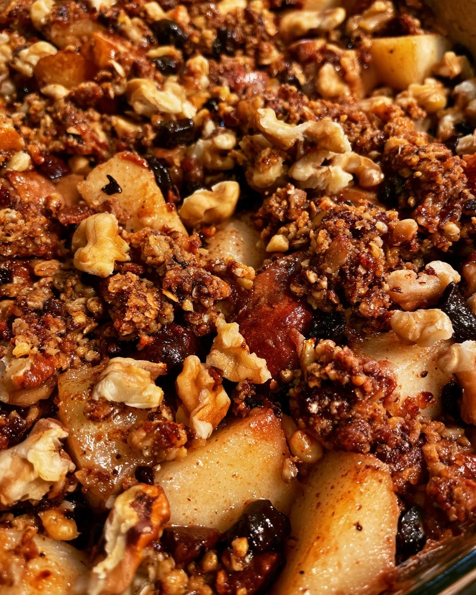 Crumble poires, noix et chocolat noir, un dessert irrésistible et gourmand