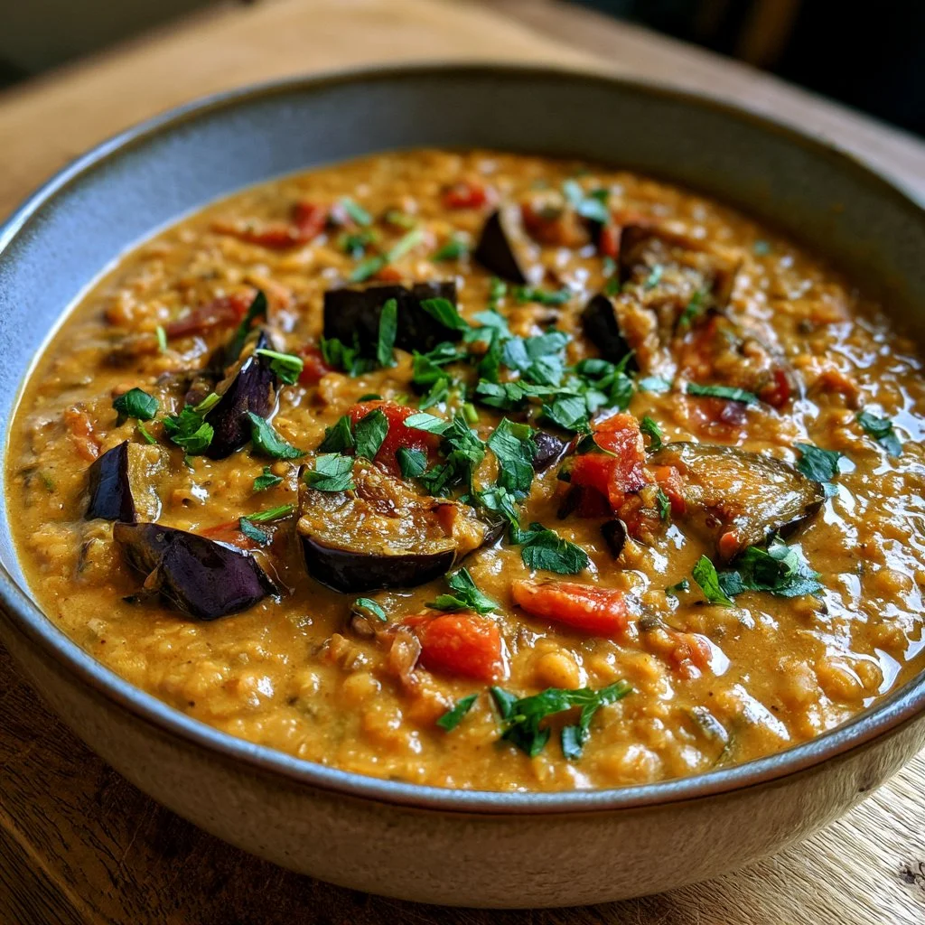 Plat de curry d’aubergines et lentilles corail dans un bol coloré