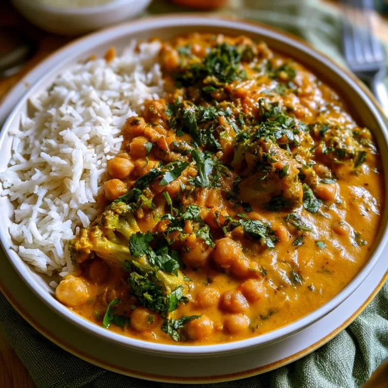 Curry de brocoli et pois chiches servi dans un bol.